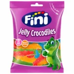 Sachet de bonbons Fini Jelly Crocodiles sans gluten 90g sur fond blanc.