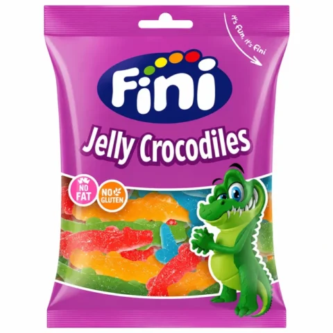 Sachet de bonbons Fini Jelly Crocodiles sans gluten 90g sur fond blanc.
