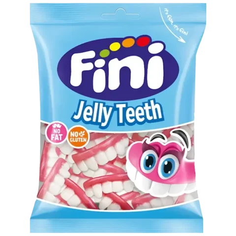 Sachet de bonbons Fini Jelly Teeth sans gluten 90g sur fond blanc.