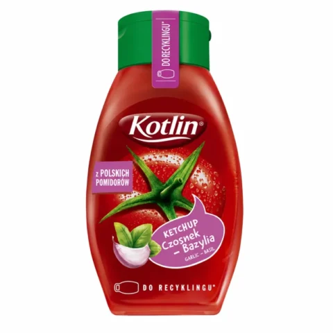 Bouteille de ketchup Kotlin ail et basilic sans gluten 450g sur fond blanc
