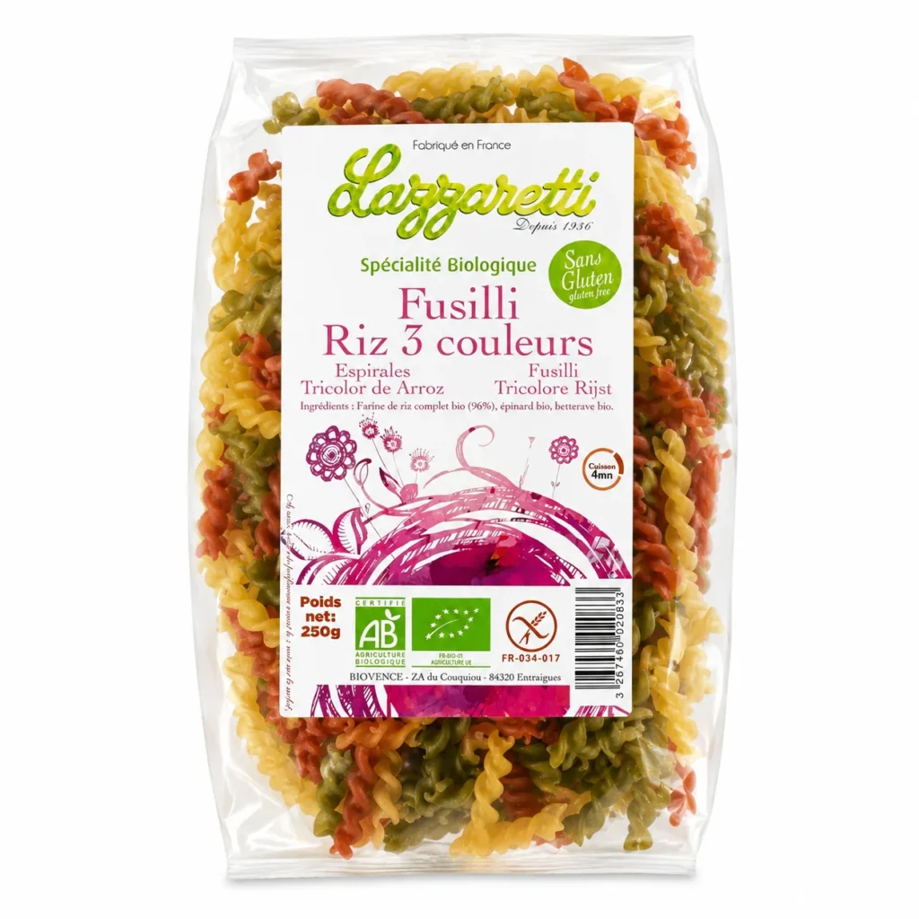 Paquet de fusilli riz 3 couleurs Lazzaretti bio sans gluten 250g sur fond blanc