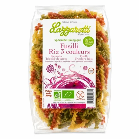 Paquet de fusilli riz 3 couleurs Lazzaretti bio sans gluten 250g sur fond blanc