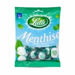 Sachet de bonbons Lutti Menthise sans gluten 100g saveur double menthe sur fond blanc.