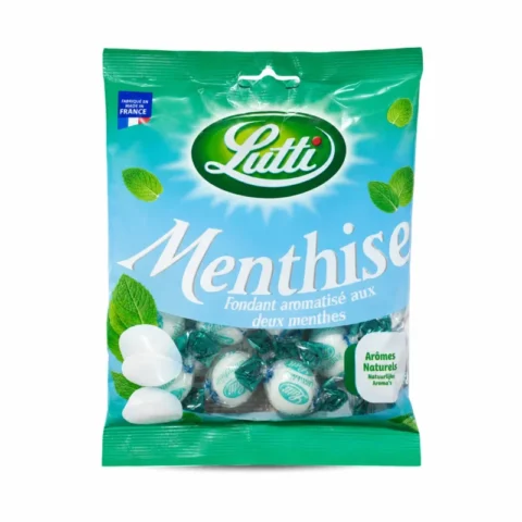 Sachet de bonbons Lutti Menthise sans gluten 100g saveur double menthe sur fond blanc.