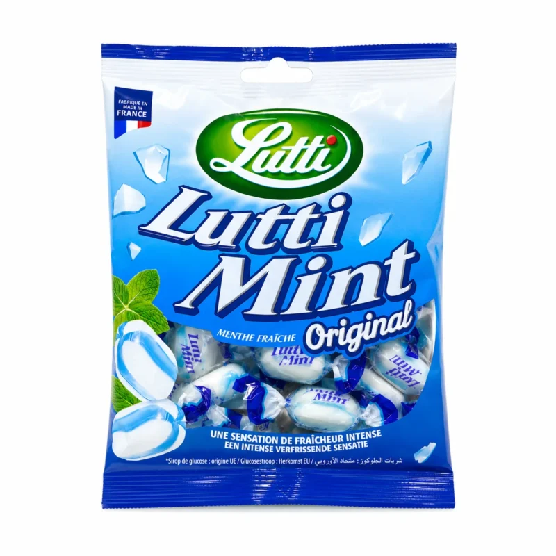 lutti mint Sachet de bonbons Lutti Mint Original sans gluten 100g saveur menthe fraîche sur fond blanc.
