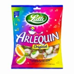 Sachet de bonbons Lutti Arlequin Original sans gluten 100g aux saveurs fruitées acidulées sur fond blanc.