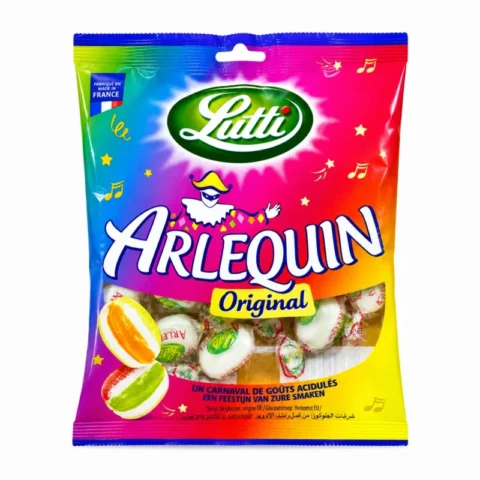 Sachet de bonbons Lutti Arlequin Original sans gluten 100g aux saveurs fruitées acidulées sur fond blanc.
