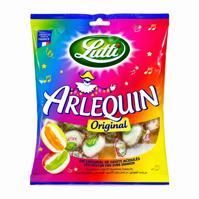 lutti original Sachet de bonbons Lutti Arlequin Original sans gluten 100g aux saveurs fruitées acidulées sur fond blanc.