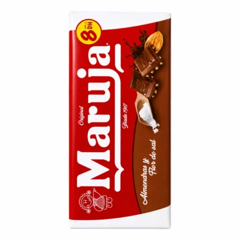 Tablette Maruja chocolat au lait amandes et fleur de sel 90g sans gluten sur fond blanc.