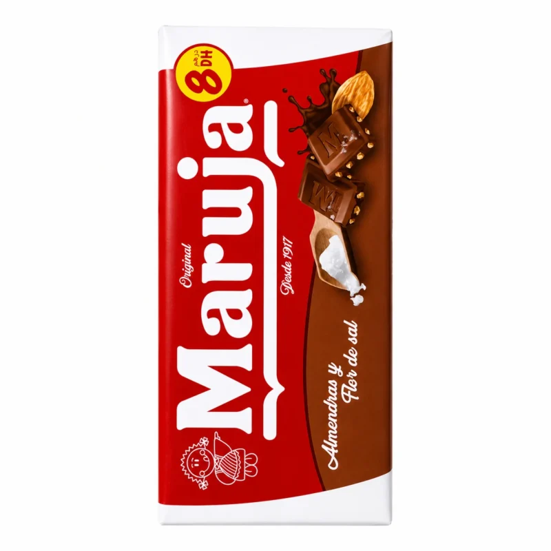 maruja salt Tablette Maruja chocolat au lait amandes et fleur de sel 90g sans gluten sur fond blanc.