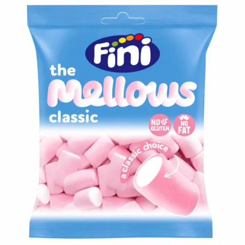 Sachet de guimauves Fini The Mellows Classic sans gluten 80g sur fond blanc