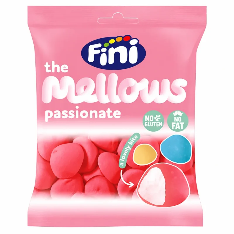 mellows passionate Sachet de guimauves Fini The Mellows Passionate sans gluten 80g sur fond blanc