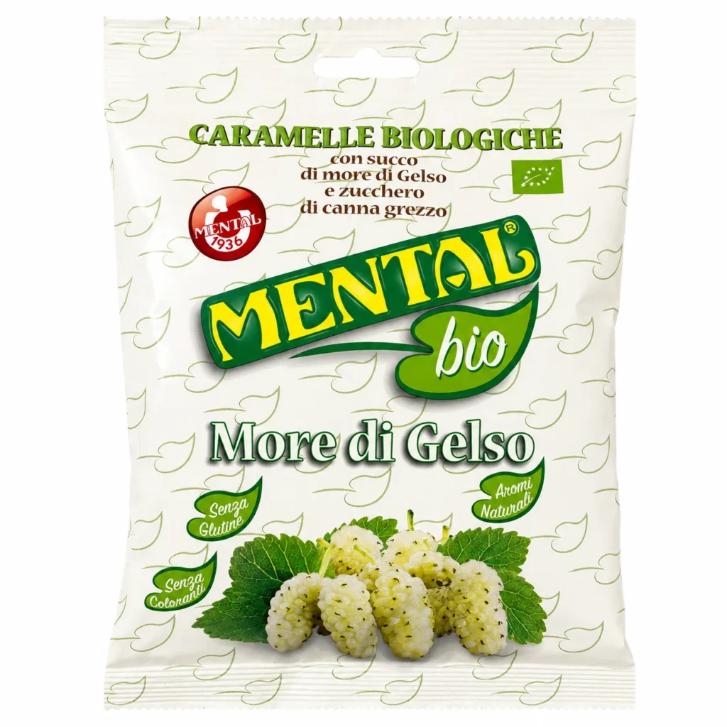 Sachet Mental Bio More di Gelso bonbons bio sans gluten 90g sur fond blanc