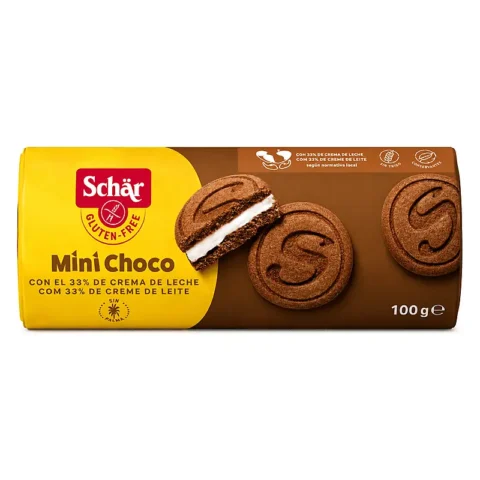 Schär Mini Choco 100g, biscuits sans gluten au cacao fourrés à la crème de lait, sans blé et sans huile de palme.