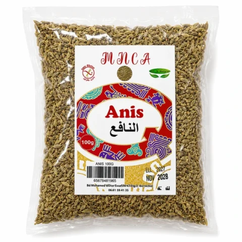 MNCA Anis Nafaa 100g, graines aromatiques sans gluten 100% naturelles en sachet transparent.