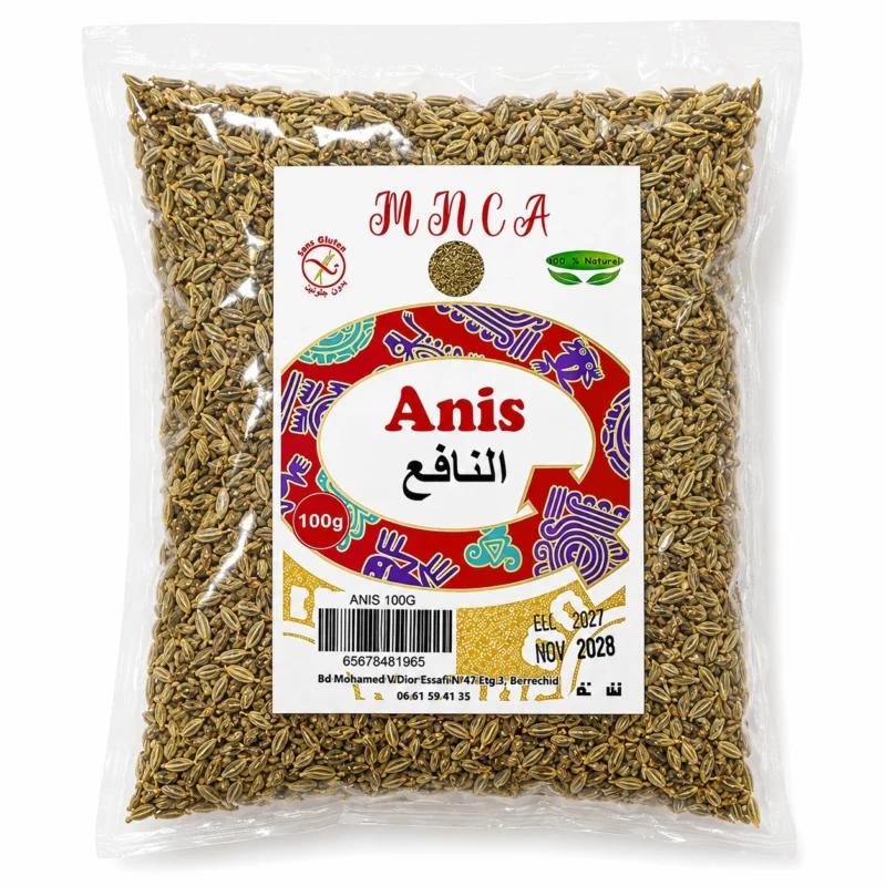 MNCA Anis Nafaa 100g Sans Gluten MNCA Anis Nafaa 100g, graines aromatiques sans gluten 100% naturelles en sachet transparent.
