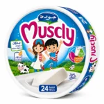 Boîte ronde Muscly fromage fondu sans gluten 24 pièces sur fond blanc