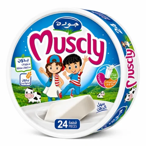 Boîte ronde Muscly fromage fondu sans gluten 24 pièces sur fond blanc