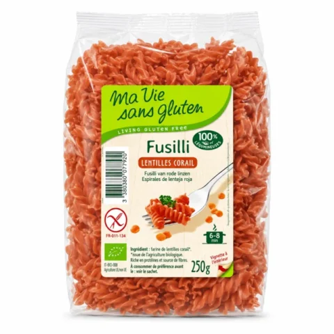 Fusilli bio sans gluten Ma Vie Sans Gluten aux lentilles corail 250g sur fond blanc.