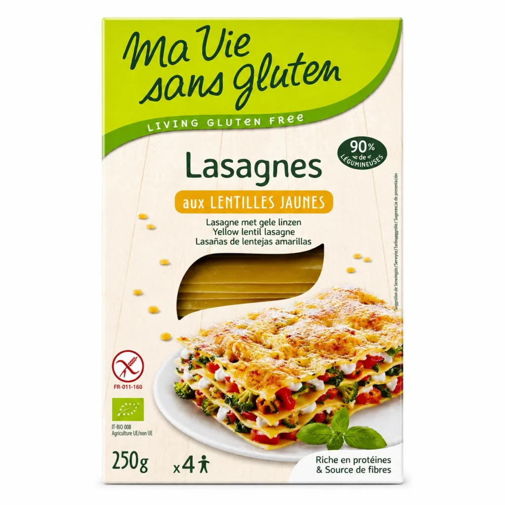 Lasagnes bio sans gluten Ma Vie Sans Gluten aux lentilles jaunes 250g sur fond blanc.