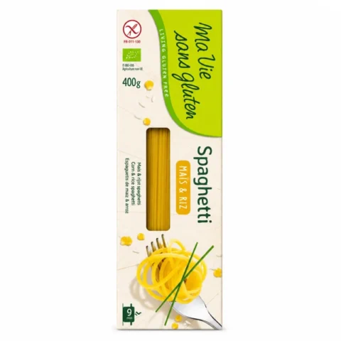 Spaghetti bio sans gluten Ma Vie Sans Gluten maïs et riz 400g sur fond blanc.
