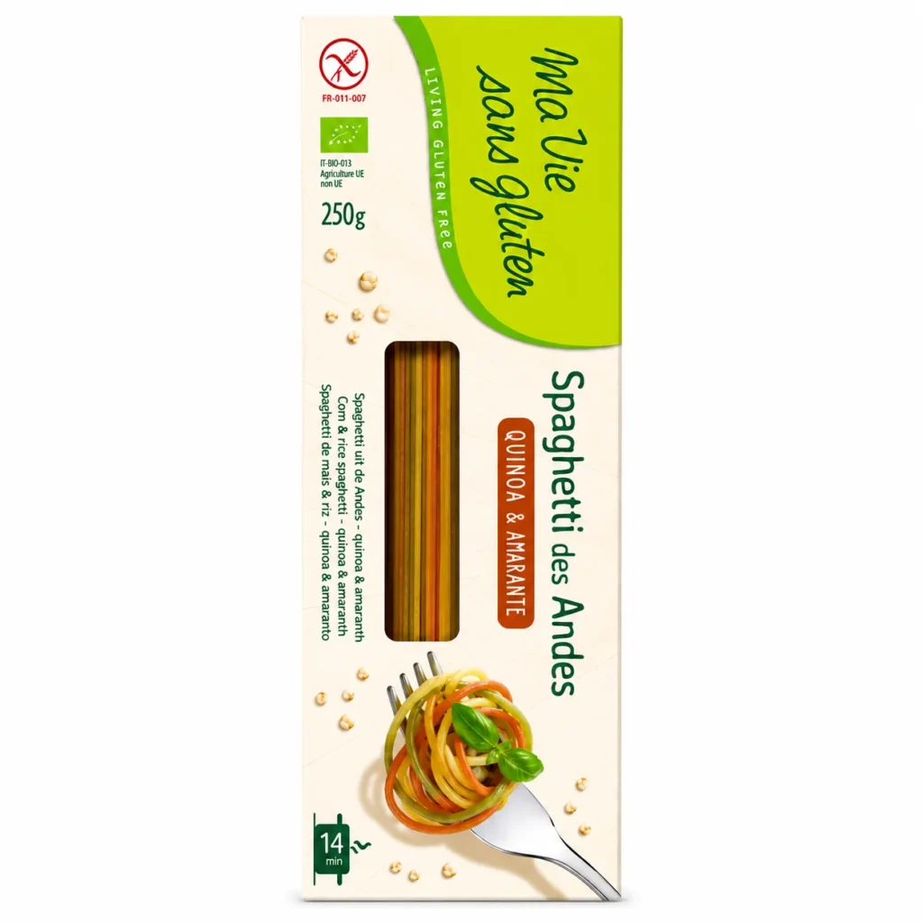 Spaghetti des Andes bio sans gluten Ma Vie Sans Gluten quinoa et amarante 250g sur fond blanc.