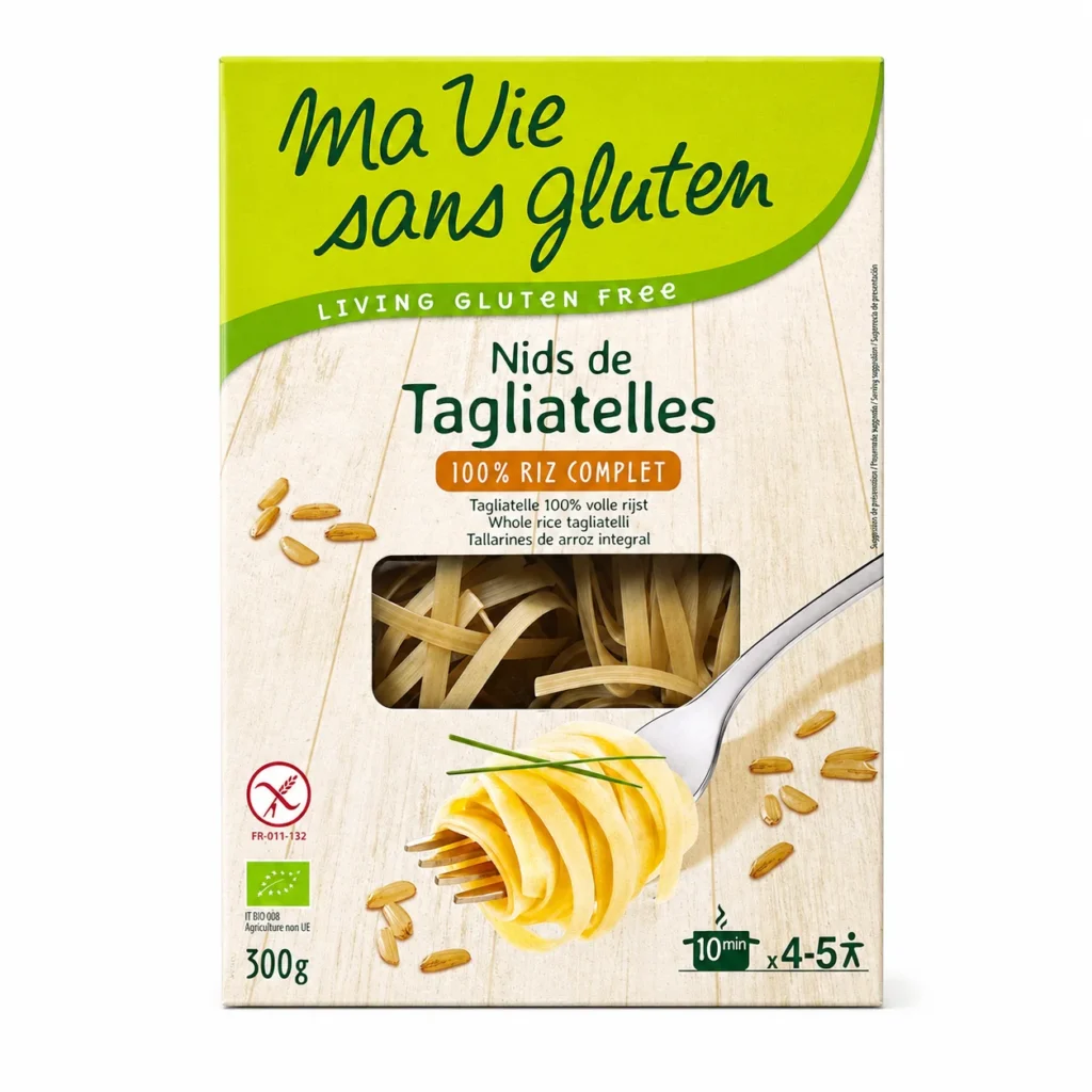 Nids de tagliatelles bio sans gluten Ma Vie Sans Gluten 100% riz complet 300g sur fond blanc.