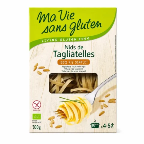 Nids de tagliatelles bio sans gluten Ma Vie Sans Gluten 100% riz complet 300g sur fond blanc.