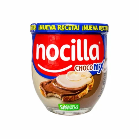 Pot de pâte à tartiner Nocilla ChocoMix sans gluten 180g sur fond blanc.