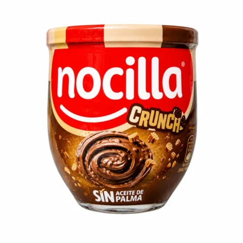 Pot de pâte à tartiner Nocilla Crunch sans gluten 180g sur fond blanc.