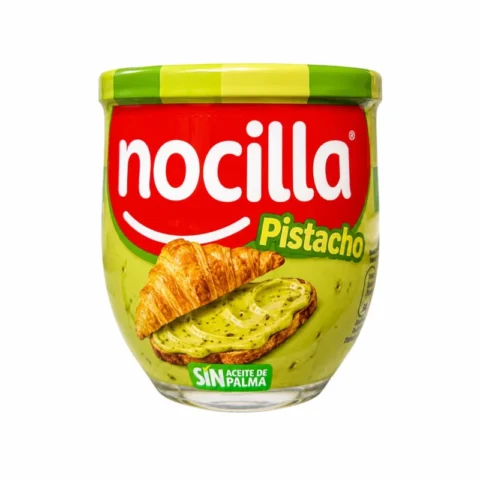 Pot de pâte à tartiner Nocilla Pistacho sans gluten 180g sur fond blanc.