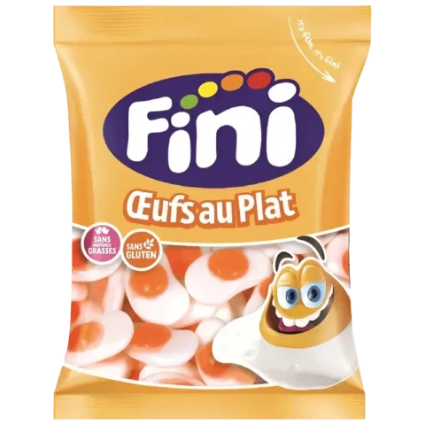 Sachet de bonbons Fini Œufs au Plat sans gluten 90g sur fond blanc.