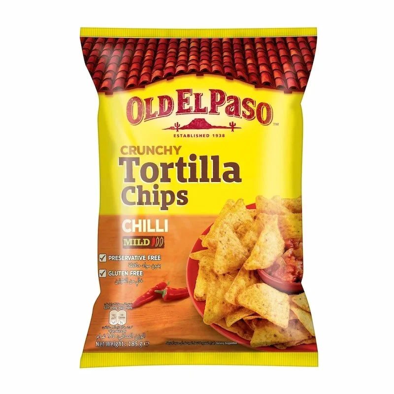 old elpaso tortilla chips Paquet de tortilla chips Old El Paso chili doux sans gluten 185g sur fond blanc