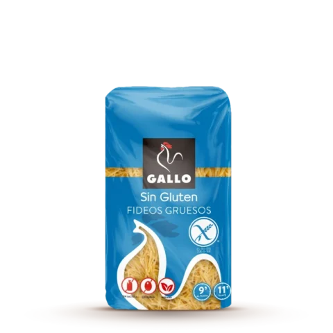 Gallo Fideos Gruesos Sans Gluten 450g, vermicelles épais sans gluten en sachet bleu.