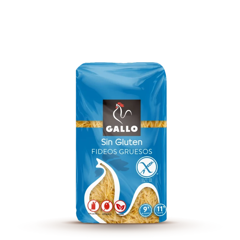 Gallo Fideos Gruesos Sans Gluten 450g Gallo Fideos Gruesos Sans Gluten 450g, vermicelles épais sans gluten en sachet bleu.
