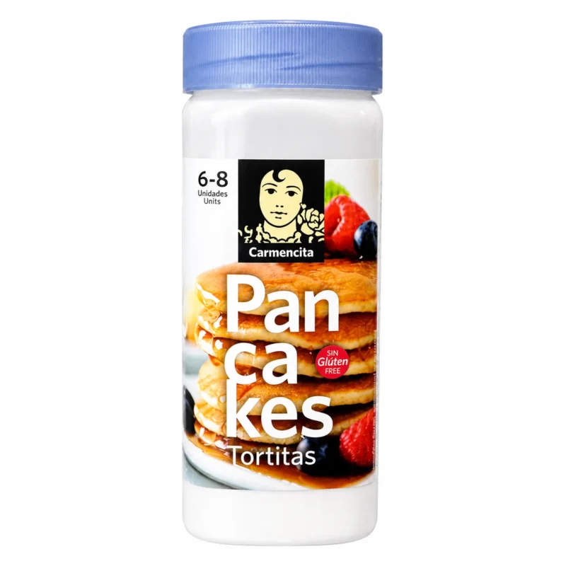 pancakes Préparation pour pancakes sans gluten Carmencita 150 g dans un emballage cylindrique avec couvercle bleu sur fond blanc.