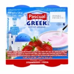 Pack de yaourt Pascual Greek Style saveur fraise sans gluten 4x120g sur fond blanc