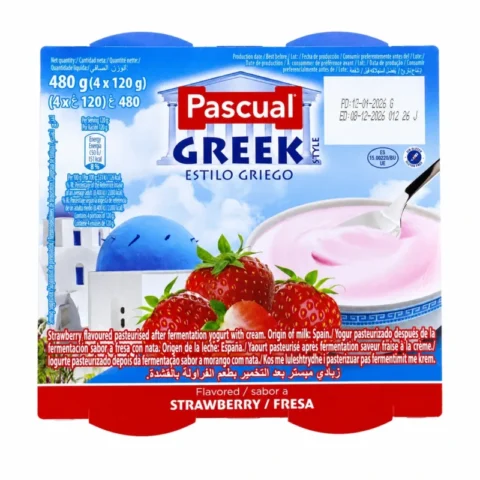 Pack de yaourt Pascual Greek Style saveur fraise sans gluten 4x120g sur fond blanc
