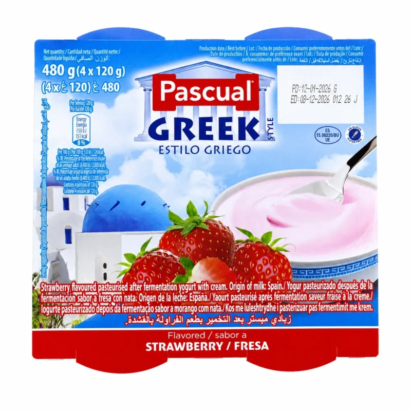 pascal greek fraise Pack de yaourt Pascual Greek Style saveur fraise sans gluten 4x120g sur fond blanc