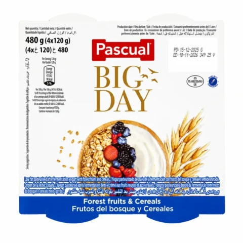 Pack de yaourt Pascual Big Day fruits des bois et céréales sans gluten 4x120g sur fond blanc