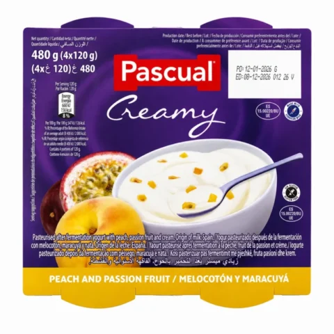Pack de yaourt Pascual Creamy pêche et fruit de la passion sans gluten 4x120g sur fond blanc