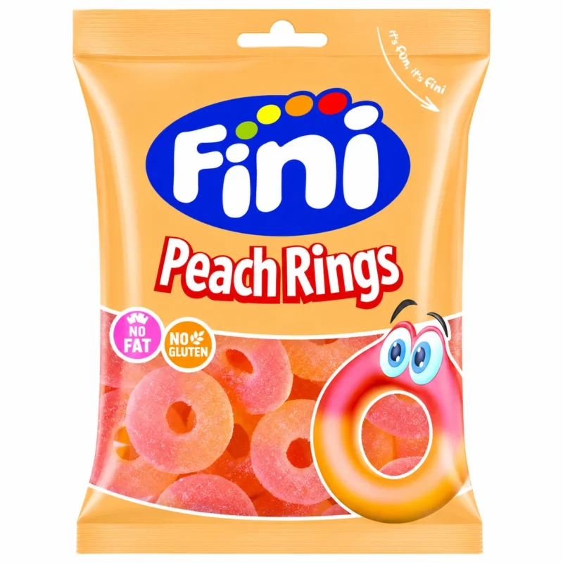 peach rings Sachet de bonbons Fini Peach Rings sans gluten 90g sur fond blanc.