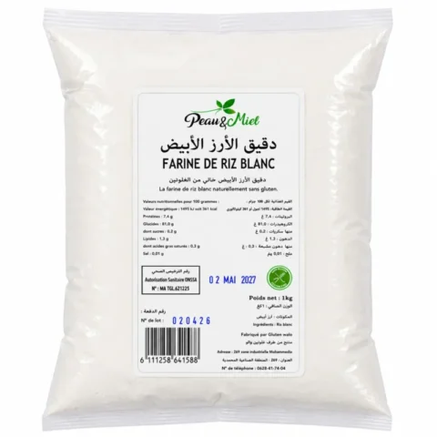 Farine de Riz Blanc Sans Gluten Peau & Miel 1kg emballée dans un sachet transparent fond blanc