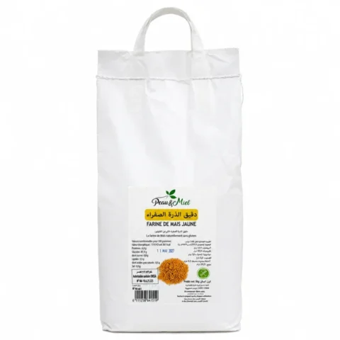 Sac de farine de maïs jaune sans gluten Peau et Miel 5kg sur fond blanc