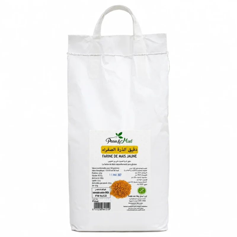 pem farine de mais jaune 5kg Sac de farine de maïs jaune sans gluten Peau et Miel 5kg sur fond blanc