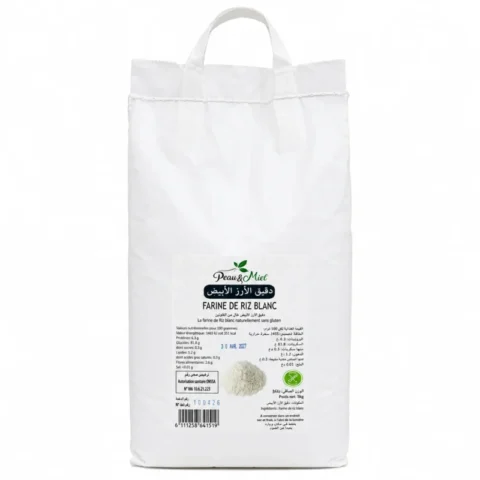 Sac de farine de riz blanc sans gluten Peau et Miel 5kg sur fond blanc