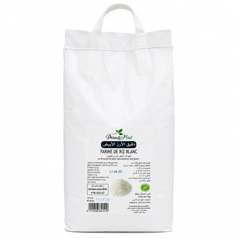 pem farine de riz blanc 5kg Sac de farine de riz blanc sans gluten Peau et Miel 5kg sur fond blanc