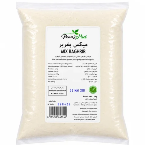 Mix Baghrir Sans Gluten Peau & Miel 1kg dans un sachet transparent sur fond blanc