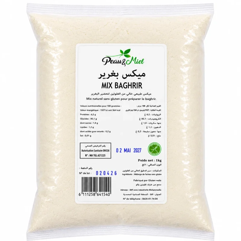 pem mix baghrir 1kg Mix Baghrir Sans Gluten Peau & Miel 1kg dans un sachet transparent sur fond blanc