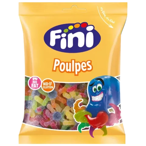 Sachet de bonbons Fini Poulpes sans gluten 90g sur fond blanc.
